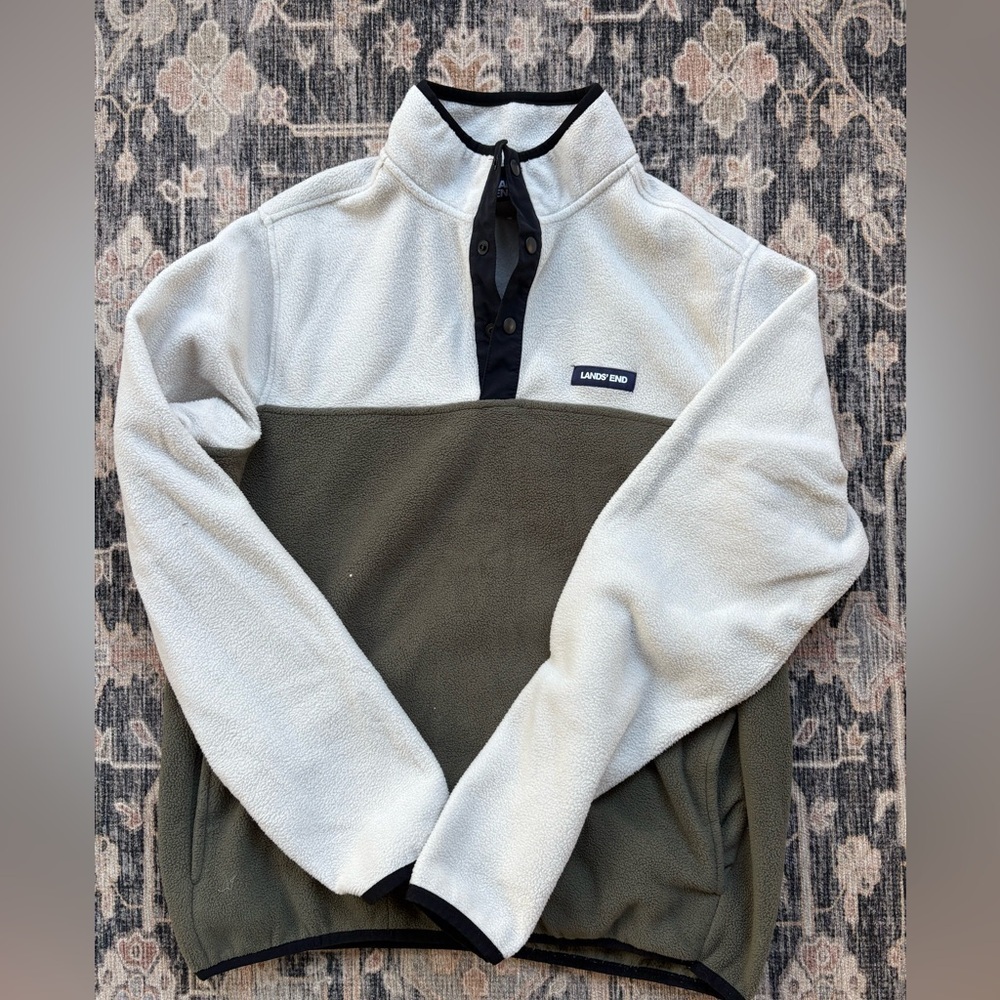 Lands' End Cream and Black Fleece Pullover